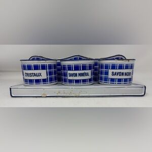 French Enamelware Laundry Set – Savon Noir, Savon Minéral, Cristaux – Blue White